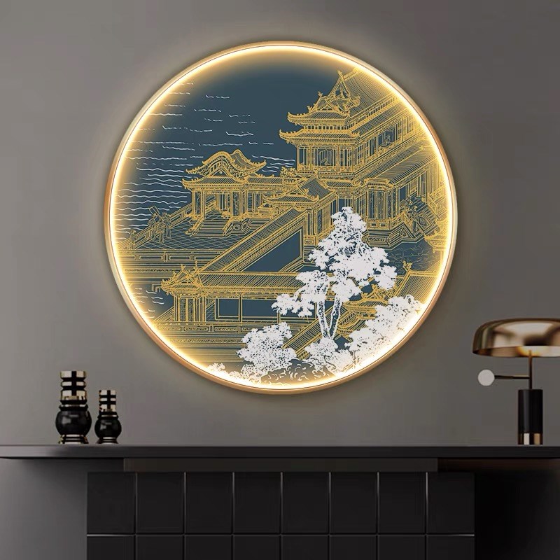 中国风古建筑圆形装饰画轻奢玄关酒店餐厅背景墙壁灯画茶室挂画图片
