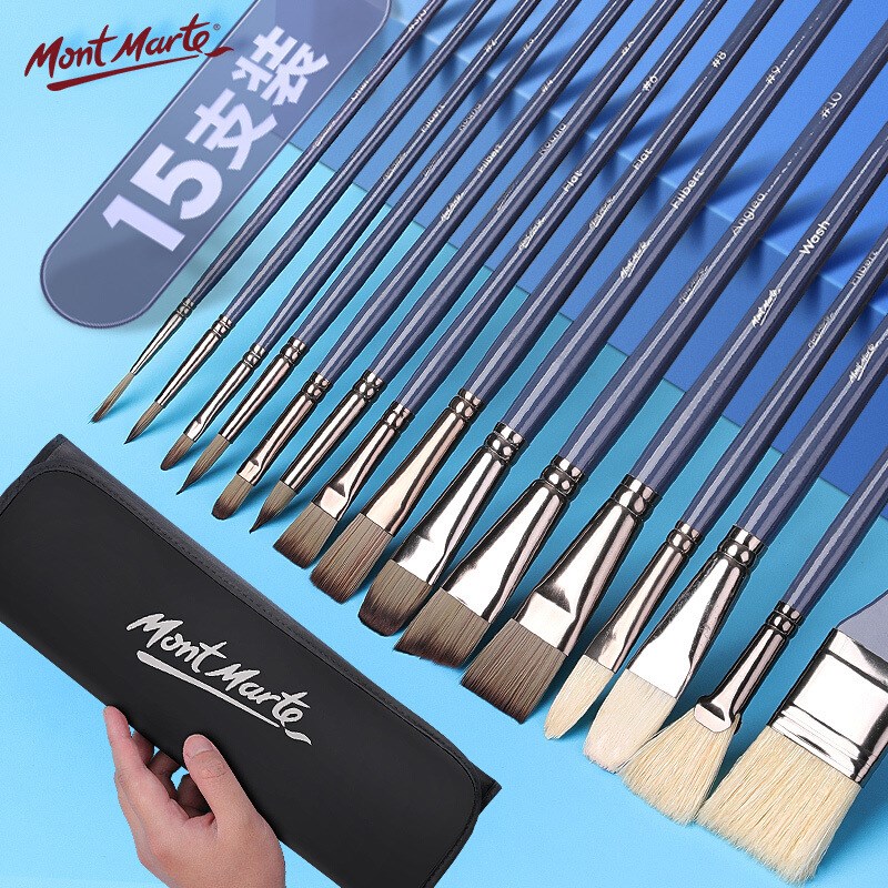 艺博15支油画笔套装猪鬃圆头丙烯水粉笔油画笔尼龙毛布包画笔