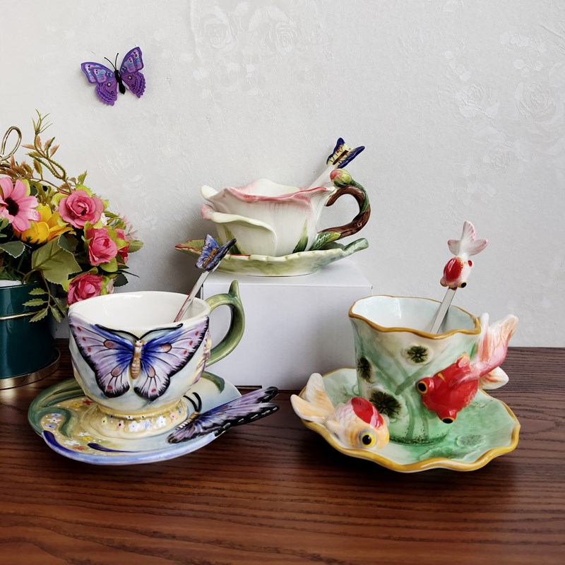 Function art纯手绘釉下彩陶瓷下午茶杯玫瑰花咖啡杯碟金鱼杯套装