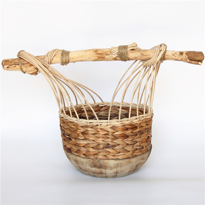 厂家销售手工制作蒲草和泡桐混搭编织筐花篮插花花器储物器皿