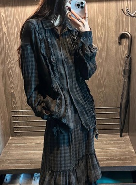 ICEYY open法式复古风格纹木耳边衬衫女yy设计感小众长袖上衣外套