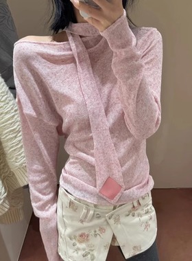 ICEYY me法式飘带轻薄露肩修身针织长袖T恤女设计感防晒上衣dium