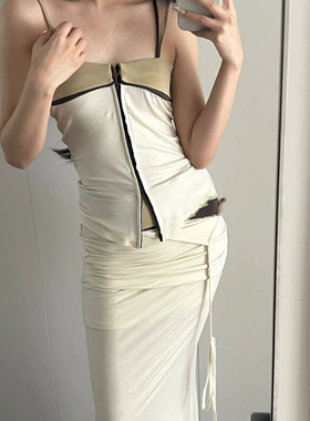 ICEYY open小众设计感拼色别致外穿吊带上衣修身显瘦褶皱抹胸背心