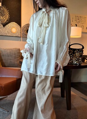 ICEYY into the 法式休闲系带白色衬衫小众设计微透宽松气质上衣