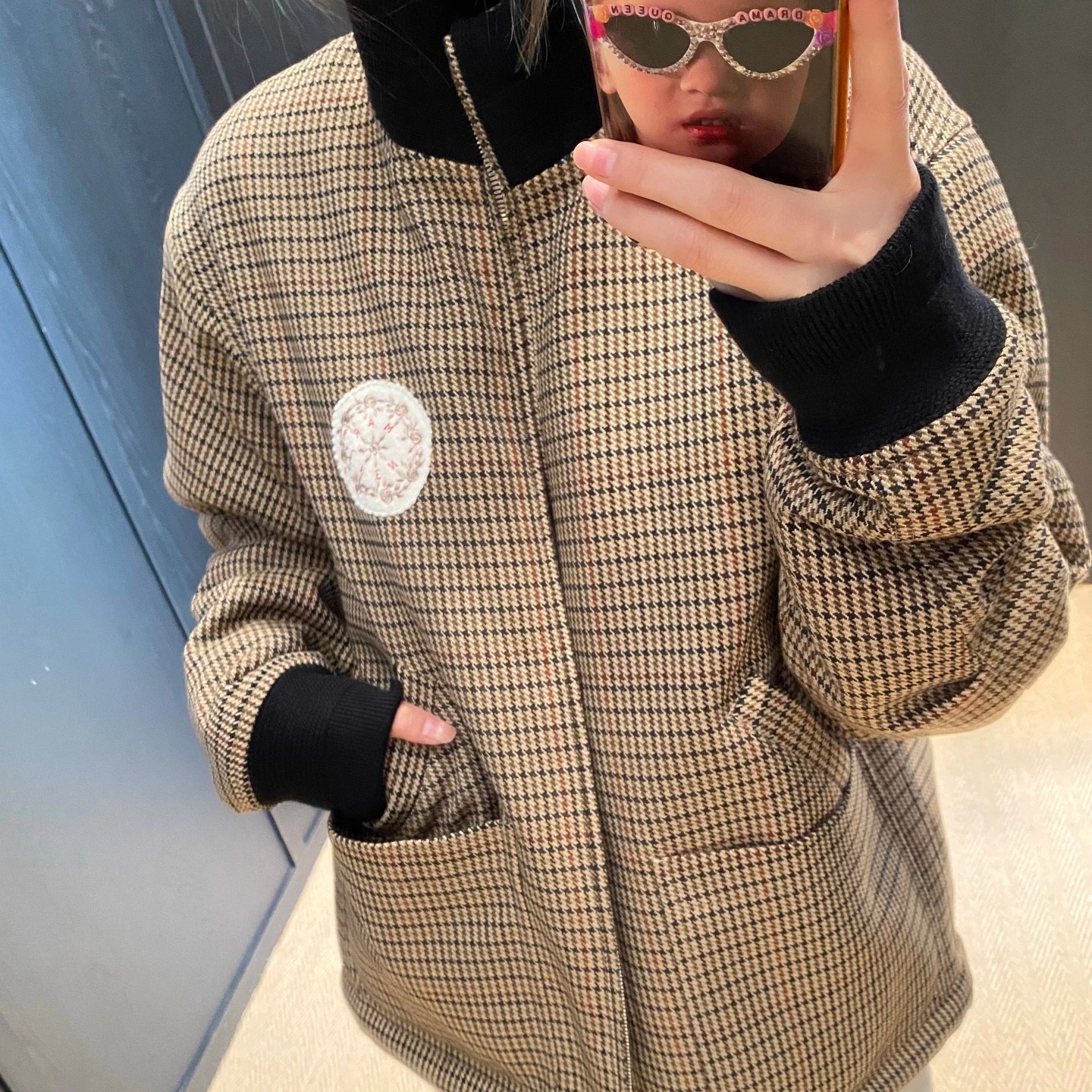 学院风格纹双面穿毛呢保暖外套女