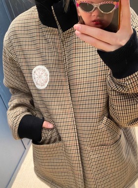 ICEYY marchen冬季学院风格纹双面穿短外套女千鸟格休闲棉服上衣