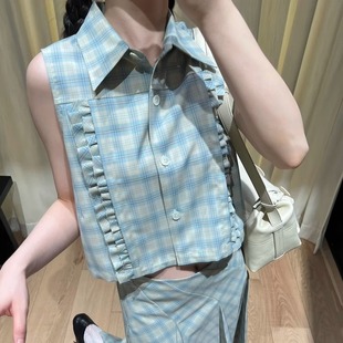 ICEYY marchen复古休闲格子马甲设计感花边装饰小众宽松无袖上衣