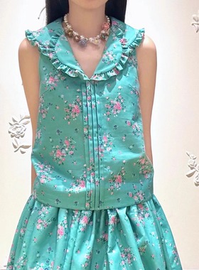 ICEYY shushu法式设计感甜美印花少女风衬衫女花边领无袖休闲上衣