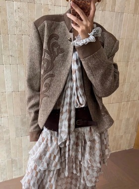 ICEYY cello秋季新款设计复古印花圆领外套女气质慵懒风韩版上衣