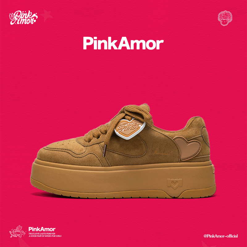 PinkAmor丘比特棕色厚底多巴胺鞋保暖增高休闲板鞋女