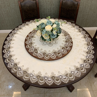 高档奢华家用餐桌转盘垫椭圆台布防尘罩 复古蕾丝桌布双色刺绣欧式