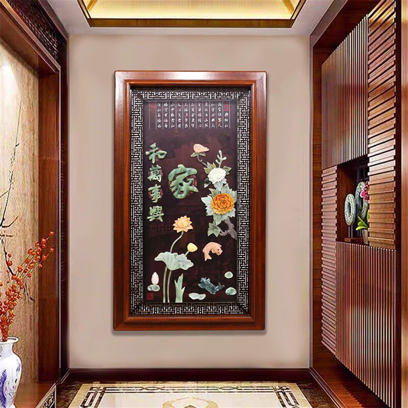 客厅入户玄关装饰画中式实木立体浮雕玉石玉雕画走廊过道竖版挂画