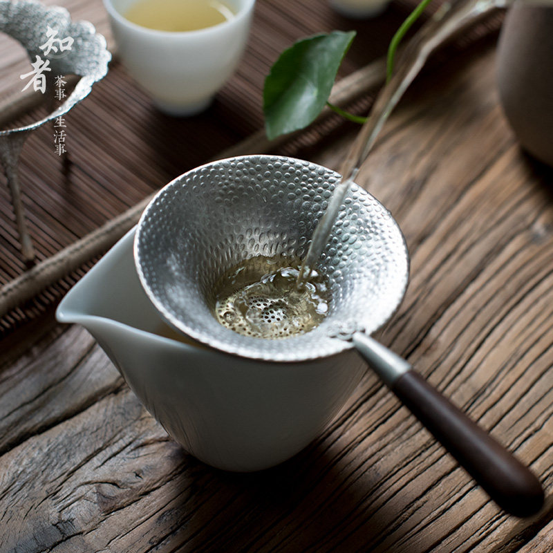 纯锡木柄茶滤 优雅手工锤纹漏斗茶叶过滤渣器滤茶网茶道茶室配件