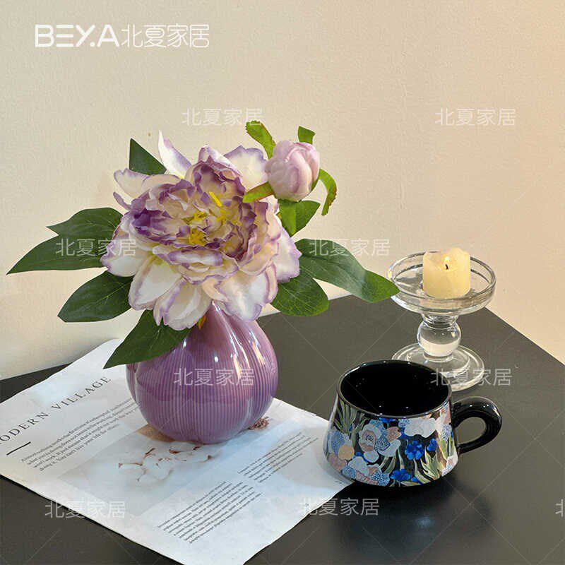 紫牡丹花仿真花客厅餐桌装饰床头柜高级感陶瓷摆件家居摆件假花