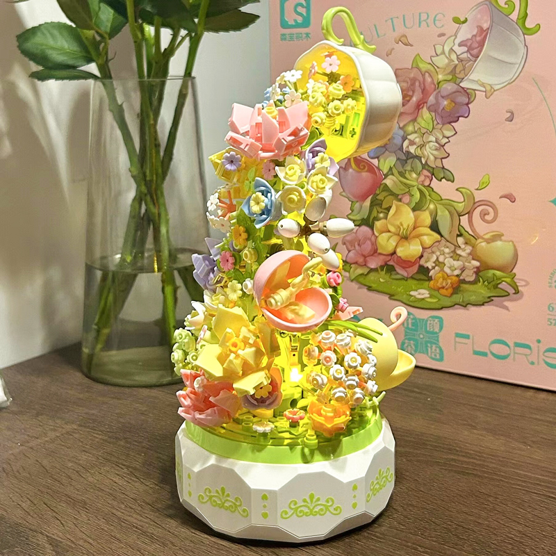 纽恩斯积木花束森宝花颜茶语八音盒女孩生日礼物益智拼装玩具小颗