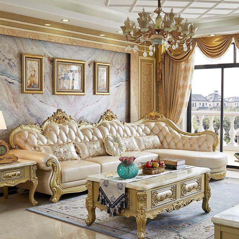 欧式真皮沙发客厅组合小公寓法式豪华香槟金实木角l型沙发