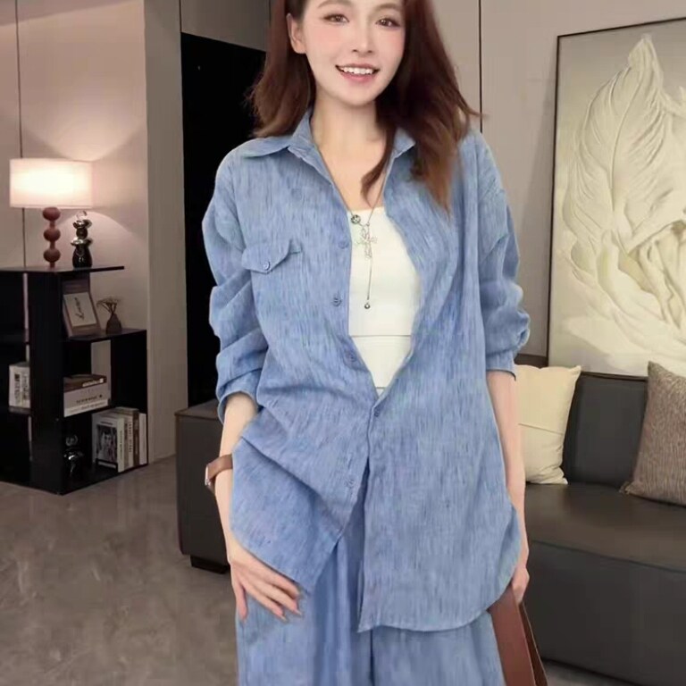 老钱风流行穿搭一整套天丝衬衫套装女春夏洋气减龄衬衣阔腿裤套装