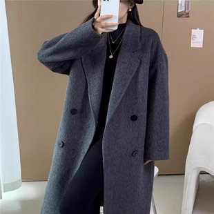 赫本风双面羊绒大衣女中长款2025新款秋冬碳黑色休闲韩系毛呢外套