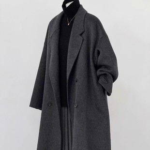 羊毛大衣女2025年冬季炭黑色双面中长款韩系高端宽松气质羊绒外套