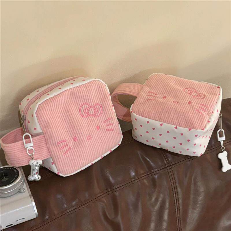 可爱猫咪灯芯绒化妆包外出便携拍立得收纳包卫生巾包小型零钱包女