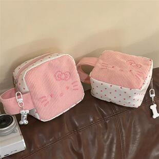 可爱猫咪灯芯绒化妆包外出便携拍立得收纳包卫生巾包小型零钱包女