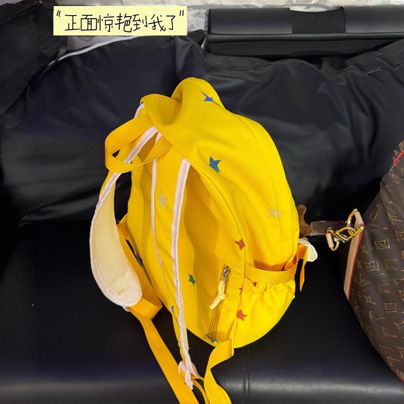 黄色刺绣书包女初中高中学生大容量高颜值小众字母双肩包百搭背包