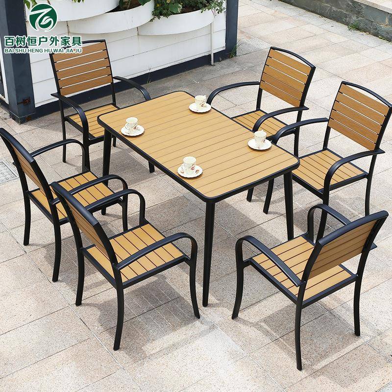 户外塑木桌椅防腐木商业街外摆仿木桌椅伞室外庭院休闲组合户外用