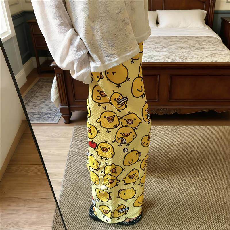 可爱小黄鸡轻薄遛弯裤夏女慵懒风垂感睡裤高腰直筒宽松家居休闲裤