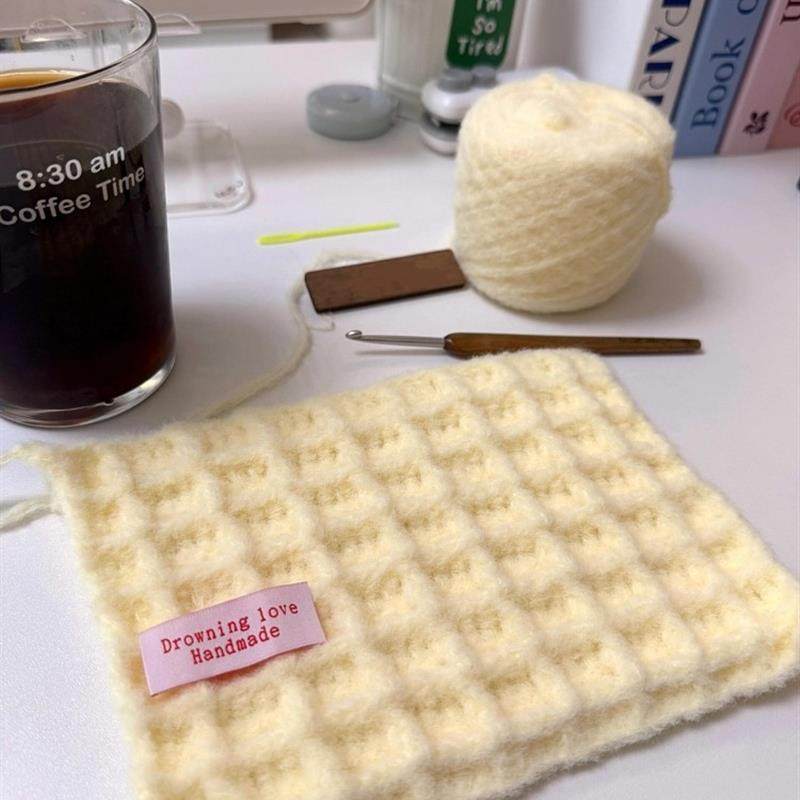 手工围巾DIY编织材料包新款华夫格奶黄色加厚抗风保暖高颜值可爱