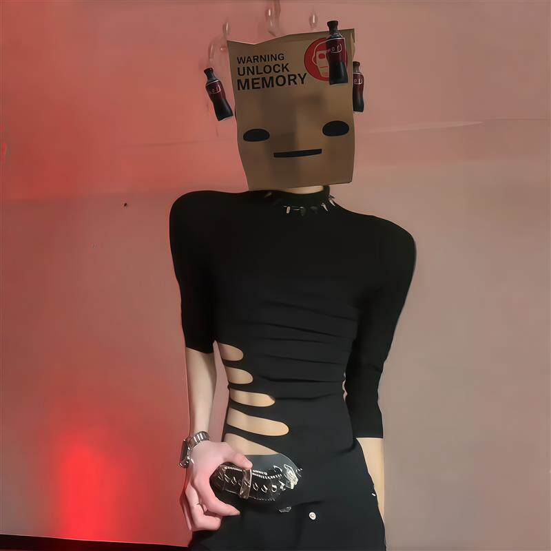 黑色镂空健身衣侧腰透视腹肌紧身衣男士性张力长袖上衣肌肉打底衫