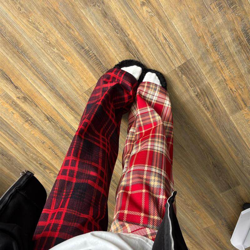 红色格子糯米裤女秋冬季加绒加厚垂感慵懒松弛感裤子宽松休闲裤