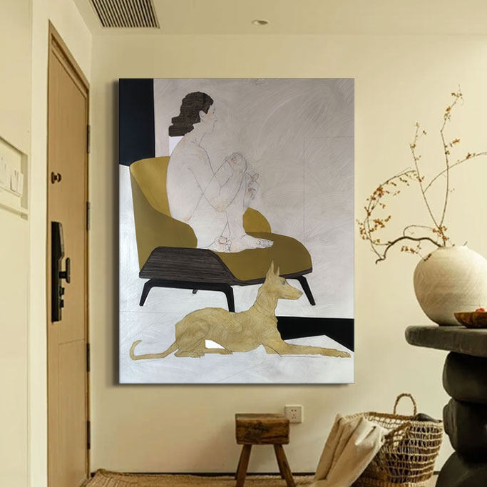 现代简约风客厅挂画小众艺术温馨抽象装饰画大芬村主卧室人物油画