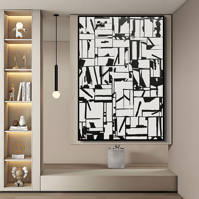 现代风装饰画意式挂画极简抽象肌理油画侘寂风黑白几何餐厅卧室画
