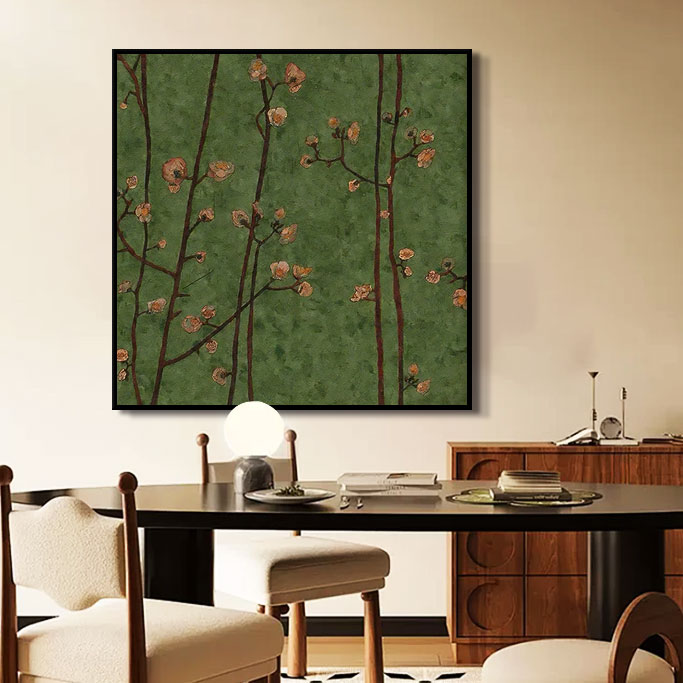复古中古风手绘油画客厅玄关餐厅装饰画新中式花鸟留白艺术挂画