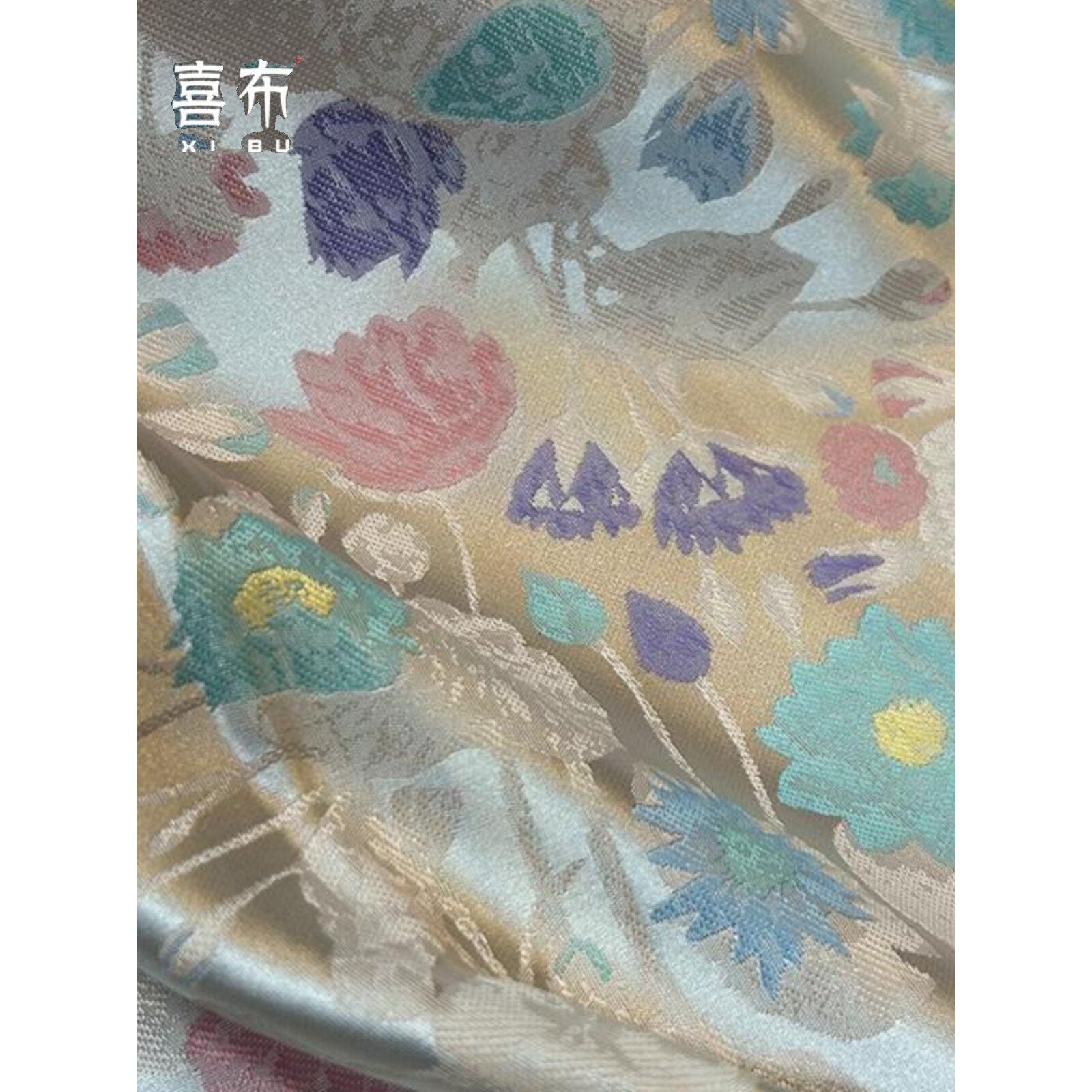 新款荷花温柔面料新中式国风外套裙提花人丝仿宋锦马甲粉旗袍布料图片