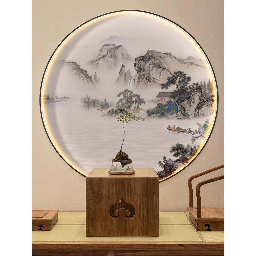 新中式背景墙壁纸圆形画芯3d装饰画入户玄关山水画禅意茶室水墨画