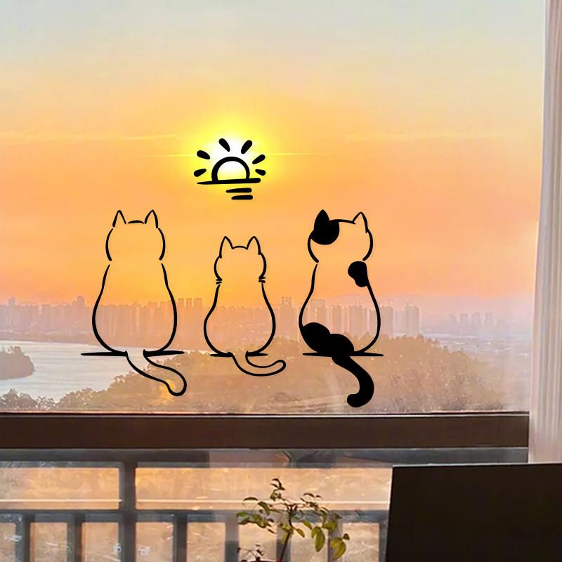 北欧文艺风猫咪看太阳意境阳台卧室玻璃门窗推拉门防撞美化装饰贴