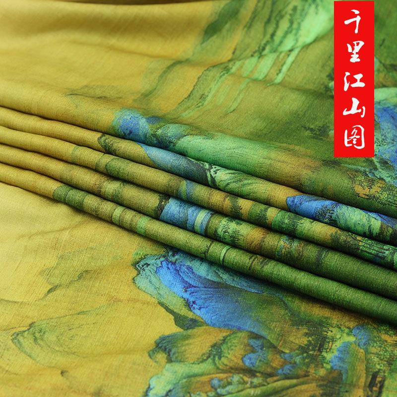 国风江山图印花马面裙布料棉麻感布料服装面料汉服布料旗袍布料图片