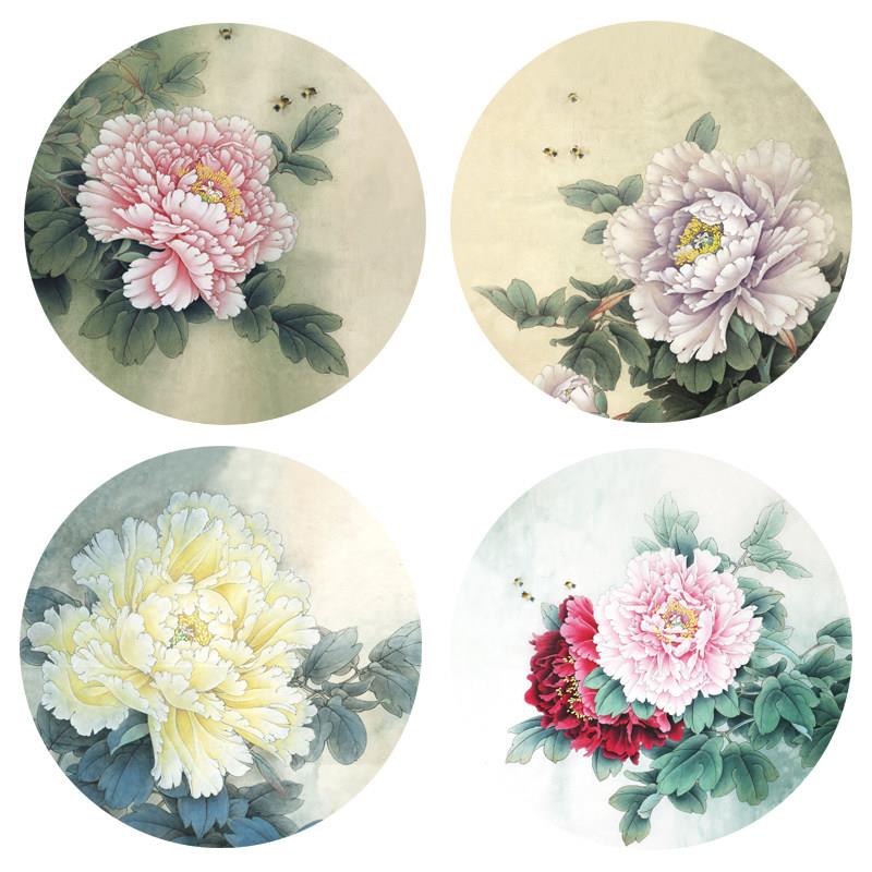 工笔画圆形牡丹团扇4幅初学者线描稿白描底稿勾线实物打印稿YY22
