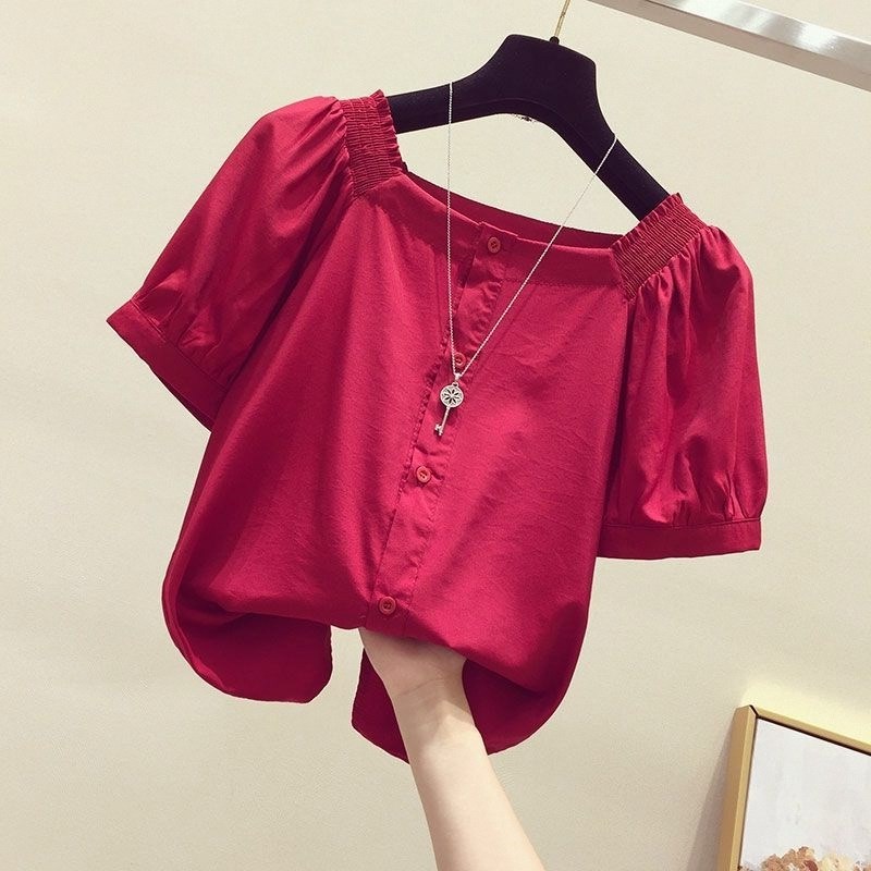 雪纺衫潮高档短款新款2024遮肚子一字肩百搭露锁骨女上衣夏装气质
