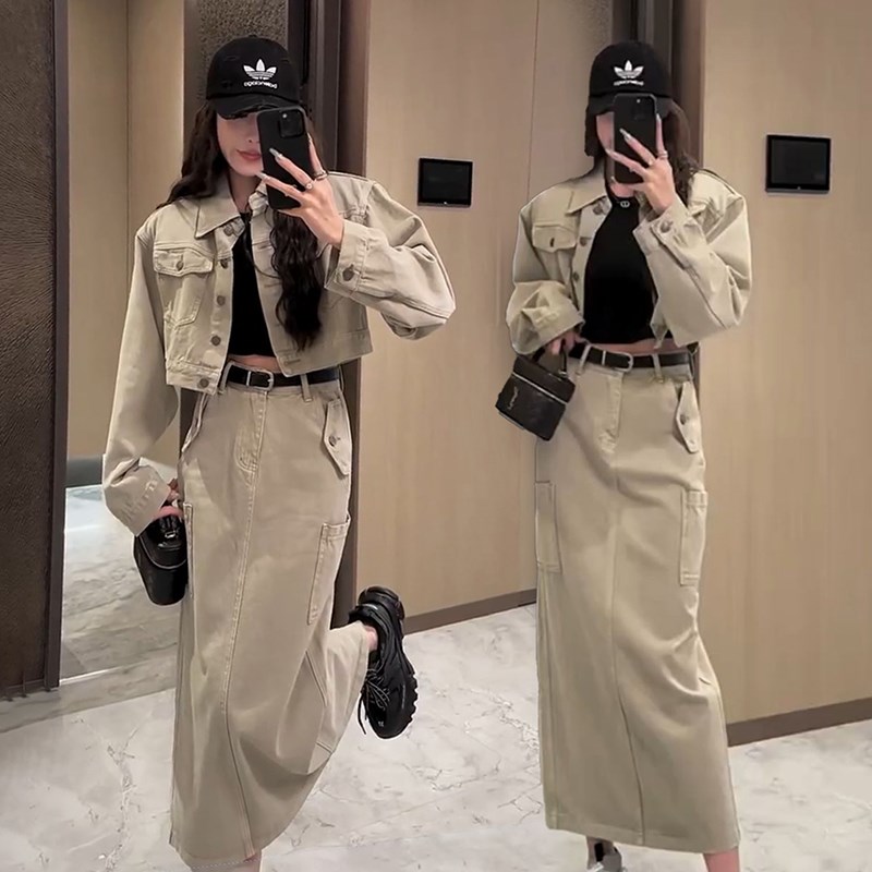 港风2024春秋新款复古牛仔裙套装女洋气外套高腰半身裙休闲两件套