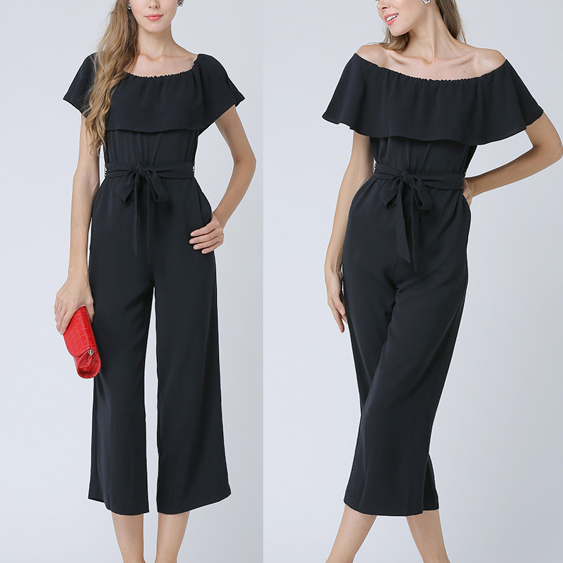 一字肩松紧腰荷叶边领连体裤春夏季连衣裤女高端阔腿裤气质连身裤