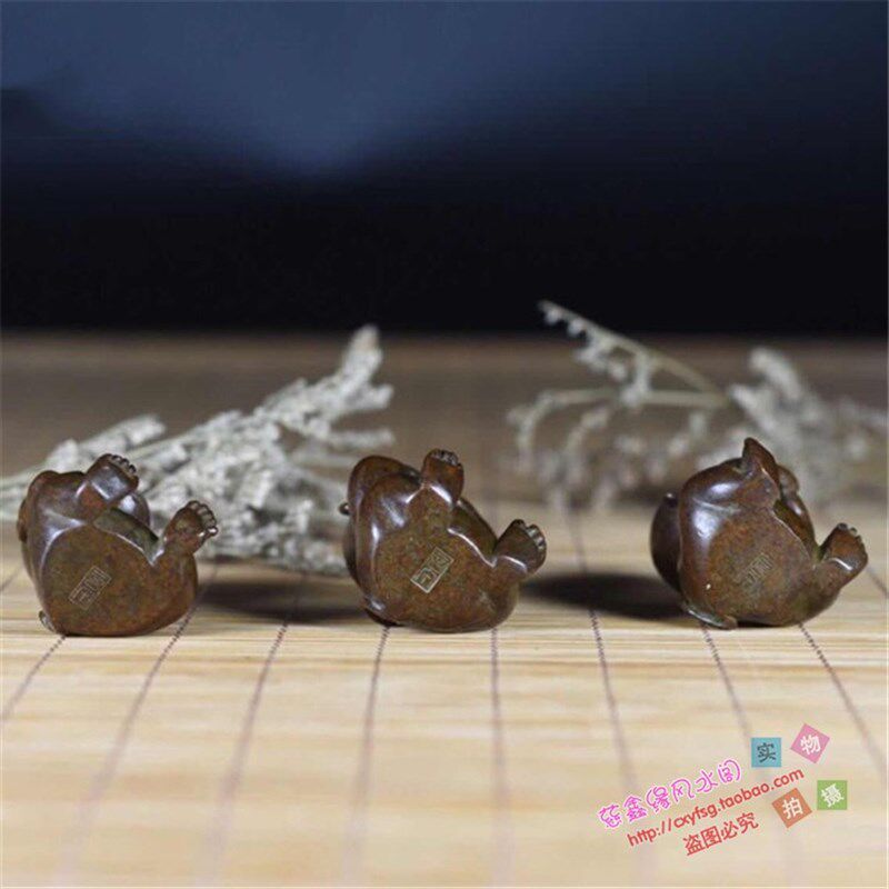 手工仿古实心紫铜日式茶宠小物件 不听不看不说三不猴茶道小摆件
