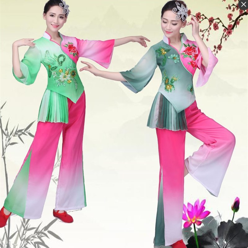 中老年广场舞秧歌服2021新款民族扇子舞演出服古典舞蹈服装成人女