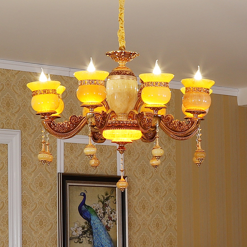欧式吊灯天然黄龙玉石灯水晶灯具客厅餐厅卧室别墅复式楼奢华大气