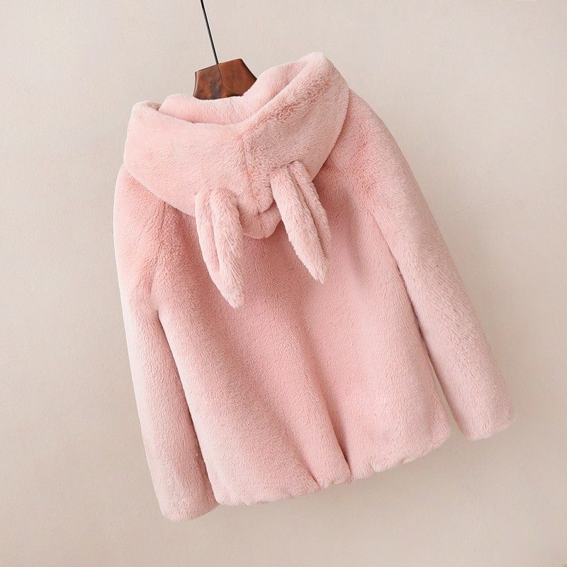 毛茸茸外套女冬可爱兔耳朵加厚短款毛毛衣连帽软妹棉服毛绒绒外套