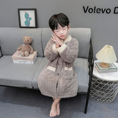 男童珊瑚绒睡衣冬季加绒加厚睡袍儿童卡通熊长版法兰绒家居服浴袍