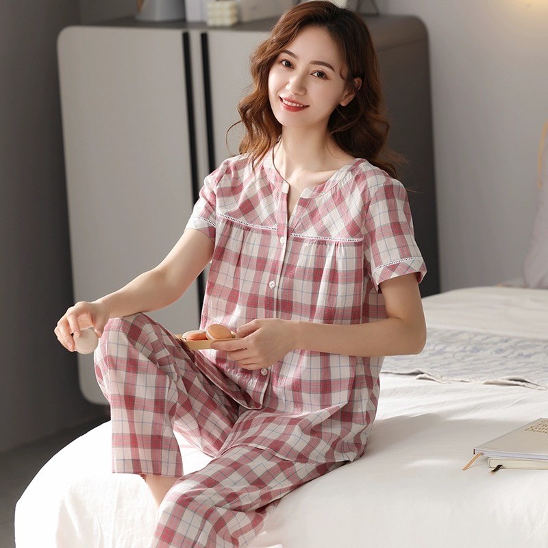 高档纯棉睡衣女士格子全棉短袖长裤薄款夏天宽松简约家居服套装