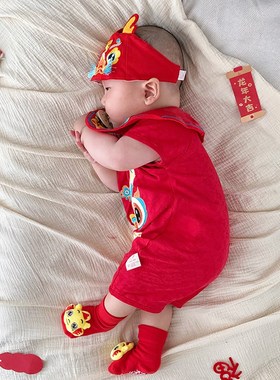 初生婴儿满月衣服夏天男孩女龙凤胎新生宝宝百日宴薄款连体衣红色