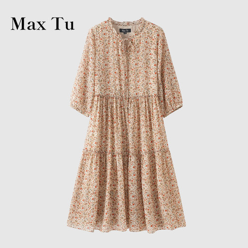 MaxTu夏季碎花收腰中长连衣裙